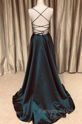 A Line V Neck Green/Blue Backless Long Semi Formal Prom Dresses, V Neck Backless Green/Blue Formal Graduation Evening Dresses